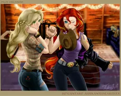 Size: 3400x2686 | Tagged: suggestive, artist:aspirantedeartista, derpibooru import, applejack, sunset shimmer, equestria girls, appleshimmer, ass, clothes, ear piercing, earring, female, holding hands, humanized, imminent sex, jeans, jewelry, lesbian, mouth hold, pants, piercing, plushie, shipping, tanktop, undressing, wink