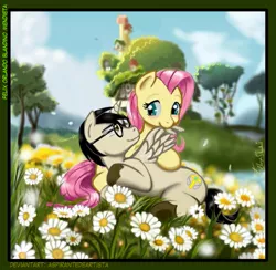 Size: 1373x1340 | Tagged: safe, artist:aspirantedeartista, derpibooru import, fluttershy, oc, oc:flowerfield, alicorn, pony, alicorn oc, canon x oc, female, field, flower, glasses, male, preening, shipping, straight