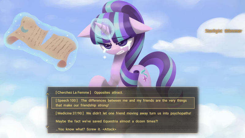 Size: 1920x1080 | Tagged: safe, artist:howxu, derpibooru import, starlight glimmer, pony, the cutie re-mark, crossover, crying, dialogue choices, fallout, fallout: new vegas, magic, raised hoof, scroll, speech check