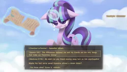 Size: 1920x1080 | Tagged: safe, artist:howxu, derpibooru import, starlight glimmer, pony, the cutie re-mark, crossover, crying, dialogue choices, fallout, fallout: new vegas, magic, raised hoof, scroll, speech check