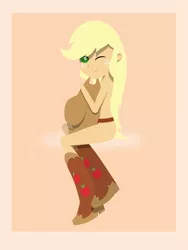 Size: 778x1035 | Tagged: suggestive, artist:zacatron94, derpibooru import, applejack, equestria girls, covering, female, hat, hat censor, nudity, pointy people, sexy, shoes only, solo, solo female, strategically covered