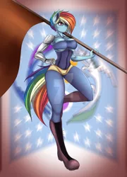 Size: 1024x1422 | Tagged: alternate timeline, anthro, apocalypse dash, armpits, artist:mylittleasspit, banner, breasts, busty rainbow dash, crystal war timeline, derpibooru import, female, plantigrade anthro, rainbow dash, solo, suggestive, watermark