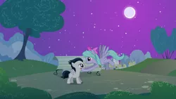 Size: 2970x1670 | Tagged: artist:rozyfly10, bench, blushing, cute, derpibooru import, female, flitter, flitterumble, male, moon, night, park background, ponyville, rumble, safe, shipping, straight, straight shota, tree