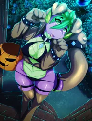 Size: 1280x1674 | Tagged: dead source, suggestive, artist:avante92, derpibooru import, spike, anthro, diamond dog, digitigrade anthro, art pack:pumpkin plotz, art pack, barb, bra, breasts, busty barb, cleavage, clothes, collar, costume, female, garters, halloween, holiday, older, panties, pumpkin bucket, rule 63, solo, solo female, stockings, tongue out, trick or treat, underwear