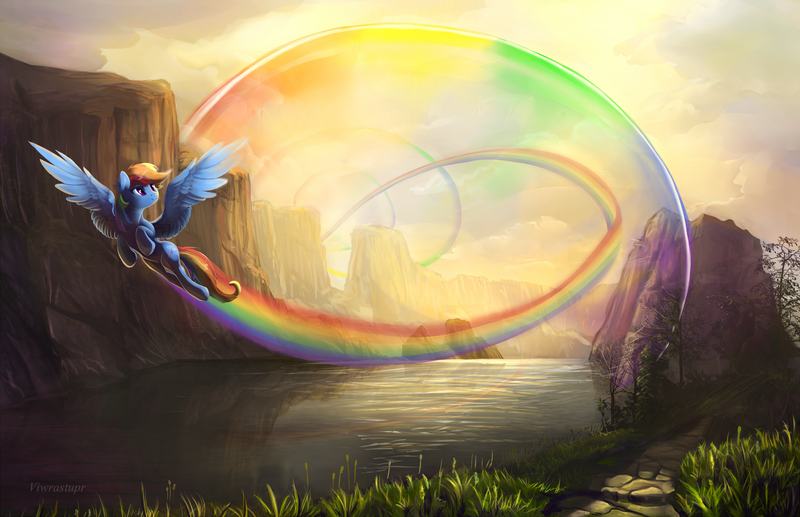 Size: 2200x1423 | Tagged: safe, artist:viwrastupr, derpibooru import, rainbow dash, pegasus, pony, flying, mountain, outdoors, rainbow trail, river, scenery, scenery porn, smiling, solo, sonic rainboom, spread wings, tree, water