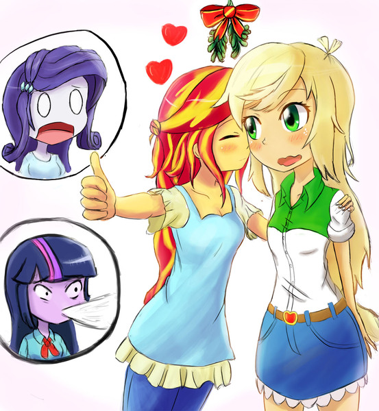 Size: 1200x1303 | Tagged: safe, artist:jumboz95, derpibooru import, applejack, rarity, sunset shimmer, twilight sparkle, twilight sparkle (alicorn), equestria girls, appleshimmer, blushing, clothes, denim skirt, female, implied rarijack, implied sunsetsparkle, kiss on the cheek, kissing, lesbian, mistletoe, open mouth, shipping, shipping denied, simple background, skirt, spit take, thumbs up