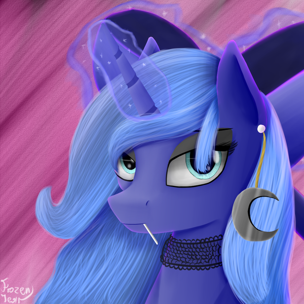 Size: 1024x1024 | Tagged: safe, artist:frozentear7, derpibooru import, princess luna, pony, bow, hair bow, magic, s1 luna, solo, toothpick, woona