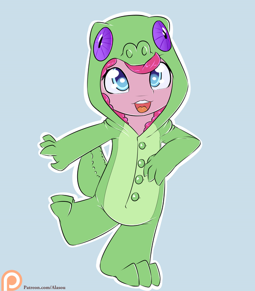 Size: 1225x1400 | Tagged: anthro, artist:alasou, chibi, clothes, costume, cute, derpibooru import, diapinkes, gummy, kigurumi, onesie, open mouth, pajamas, patreon, patreon logo, pinkie pie, safe, simple background, solo