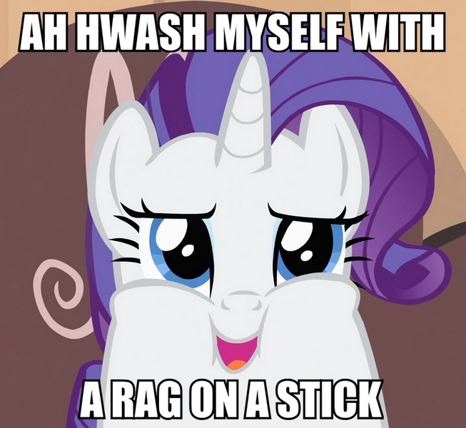 Size: 653x600 | Tagged: derpibooru import, edit, edited screencap, fat, image macro, meme, rag on a stick, rarity, rarity takes manehattan, safe, screencap, solo, the simpsons