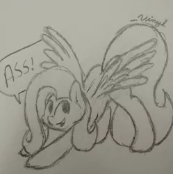 Size: 2340x2348 | Tagged: safe, artist:_vinyl, derpibooru import, fluttershy, grayscale, iwtcird, looking at you, meme, monochrome, pencil drawing, sketch, solo, speech bubble, spread wings, traditional art, vulgar