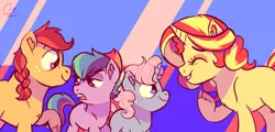 Size: 1024x493 | Tagged: safe, artist:hateful-minds, derpibooru import, sunset shimmer, oc, oc:carol shine, oc:jolly holly, oc:razzle dazzle, pony, female, filly, magical lesbian spawn, offspring, parent:pinkie pie, parent:sonata dusk, parent:sunset shimmer, parent:trixie, parents:ariadash, parents:sunata, parents:trixiepie