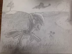 Size: 1280x960 | Tagged: artist:mranthony2, cute, derpibooru import, grass, monochrome, oc, oc:lemon bounce, safe, scenery, shading, sketch, smiling, traditional art, trotting, unofficial characters only