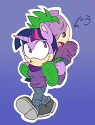 Size: 400x526 | Tagged: dead source, safe, artist:atomiclance, derpibooru import, spike, twilight sparkle, anthro, plantigrade anthro, clothes, cute, female, jacket, male, mobian, pants, piggyback ride, sandals, shoes, sonic the hedgehog (series), sonicified, spikabetes, sweater, walking