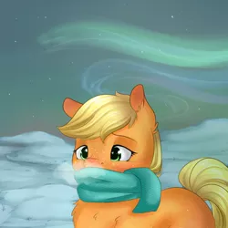 Size: 894x894 | Tagged: safe, artist:chiweee, derpibooru import, applejack, aurora borealis, breath, clothes, filly, red nosed, sad, scarf, snow, solo