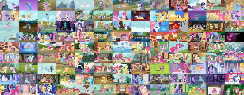 Size: 8000x3115 | Tagged: safe, derpibooru import, edit, edited screencap, screencap, angel bunny, apple bloom, applejack, berry punch, berryshine, big macintosh, bon bon, braeburn, carrot cake, carrot top, cheerilee, cherry berry, derpy hooves, diamond tiara, doctor whooves, featherweight, flitter, fluttershy, golden harvest, granny smith, lemon hearts, mayor mare, minuette, ms. harshwhinny, octavia melody, opalescence, owlowiscious, pinkie pie, pipsqueak, pound cake, princess cadance, princess celestia, princess luna, princess platinum, rainbow dash, rarity, sassy saddles, scootaloo, shining armor, silver spoon, smart cookie, spike, sweetie belle, sweetie drops, thunderlane, time turner, tom, trixie, twilight sparkle, twilight sparkle (alicorn), twinkleshine, twist, zecora, alicorn, bee, butterfly, dragon, duck, earth pony, frog, pegasus, pony, rabbit, squirrel, unicorn, zebra, a bird in the hoof, a canterlot wedding, a dog and pony show, a friend in deed, amending fences, apple family reunion, applebuck season, appleoosa's most wanted, baby cakes, bats!, bloom and gloom, boast busters, bridle gossip, brotherhooves social, call of the cutie, canterlot boutique, castle mane-ia, castle sweet castle, crusaders of the lost mark, daring don't, do princesses dream of magic sheep, dragon quest, dragonshy, equestria games (episode), fall weather friends, family appreciation day, feeling pinkie keen, filli vanilli, flight to the finish, for whom the sweetie belle toils, friendship is magic, games ponies play, green isn't your color, griffon the brush off, hearth's warming eve (episode), hearthbreakers, hearts and hooves day (episode), hurricane fluttershy, inspiration manifestation, it ain't easy being breezies, it's about time, just for sidekicks, keep calm and flutter on, leap of faith, lesson zero, look before you sleep, luna eclipsed, made in manehattan, magic duel, magical mystery cure, make new friends but keep discord, maud pie (episode), may the best pet win, mmmystery on the friendship express, one bad apple, over a barrel, owl's well that ends well, party of one, party pooped, pinkie apple pie, pinkie pride, ponyville confidential, power ponies (episode), princess spike (episode), princess twilight sparkle (episode), putting your hoof down, rainbow falls, rarity investigates, rarity takes manehattan, read it and weep, scare master, secret of my excess, simple ways, sisterhooves social, sleepless in ponyville, slice of life (episode), somepony to watch over me, sonic rainboom (episode), spike at your service, stare master, suited for success, swarm of the century, sweet and elite, tanks for the memories, testing testing 1-2-3, the best night ever, the crystal empire, the cutie map, the cutie mark chronicles, the cutie pox, the cutie re-mark, the hooffields and mccolts, the last roundup, the lost treasure of griffonstone, the mane attraction, the mysterious mare do well, the one where pinkie pie knows, the return of harmony, the show stoppers, the super speedy cider squeezy 6000, the ticket master, three's a crowd, too many pinkie pies, trade ya, twilight time, twilight's kingdom, what about discord?, winter wrap up, wonderbolts academy, alternate timeline, amy keating rogers, apron, big crown thingy, book, bow, cake, canterlot, carousel boutique, castle of the royal pony sisters, charlotte fullerton, chris savino, chrysalis resistance timeline, cindy morrow, clothes, cloud, collage, corey powell, cowboy hat, crystal empire, cutie mark, cutie mark crusaders, dave polsky, dress, ed valentine, elements of harmony, equestria games, female, filly, fire ruby, food, freckles, friendship throne, gala dress, gala ticket, glasses, glowing horn, hair bow, hat, hearth's warming eve, hearts and hooves day, jayson thiessen, jewelry, jim miller, josh haber, lauren faust, m.a. larson, male, mane six, mare, meghan mccarthy, merriwether williams, natasha levinger, nightmare night, painting, ponyville, regalia, rock candy, royal guard, scott sonneborn, stained glass, stallion, stetson, the cmc's cutie marks, title card, torch, uniform, wall of tags, wonderbolts uniform