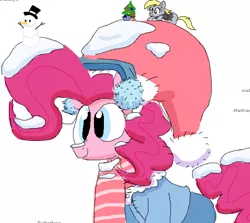 Size: 604x538 | Tagged: safe, artist:hattsy, derpibooru import, derpy hooves, pinkie pie, pegasus, pony, christmas tree, clothes, earmuffs, female, flockmod, hat, jacket, mare, pants, present, santa hat, scarf, simple background, size difference, smiling, snow, snowman, solo, sweater, tiny, tiny ponies, tree, white background