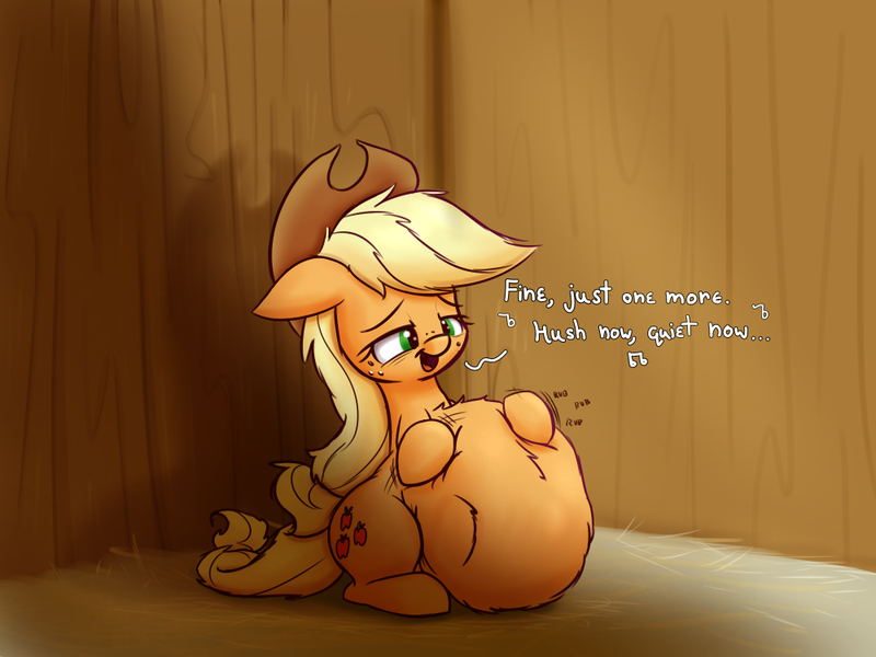 Size: 1000x750 | Tagged: applejack, artist:bellspurgebells, belly, big belly, derpibooru import, endosoma, fetish, impossibly large belly, predajack, questionable, singing, soft vore, vore