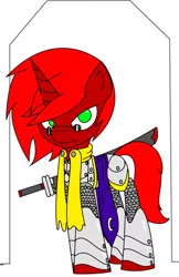 Size: 1454x2244 | Tagged: safe, artist:gh0st, derpibooru import, oc, oc:metalmax, unofficial characters only, pony, unicorn, armor, chainmail, clothes, crescent moon, katana, looking at you, male, platemail, scarf, solo, stallion, sunglasses, sword, weapon