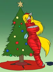 Size: 900x1237 | Tagged: suggestive, artist:prr-official, derpibooru import, derpy hooves, oc, oc:cleverderpy, anthro, pegasus, unguligrade anthro, bondage, bow, breasts, busty derpy hooves, christmas, christmas tree, cleavage, female, gift wrapped, hair over one eye, midriff, mummification, mummified, present, solo, tree, wrapped up