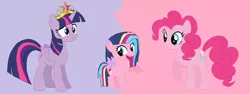 Size: 1176x442 | Tagged: safe, artist:flora-flower1, derpibooru import, pinkie pie, twilight sparkle, twilight sparkle (alicorn), oc, oc:pink sparkle, alicorn, pony, alicorn oc, big crown thingy, family, female, filly, lesbian, magical lesbian spawn, offspring, parent:pinkie pie, parent:twilight sparkle, parents:twinkie, shipping, twinkie