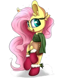 Size: 1400x1750 | Tagged: artist:madacon, boots, clothes, cute, derpibooru import, fluttershy, safe, scarf, shyabetes, snow, snowfall, solo, winter, winter outfit