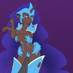 Size: 1280x1282 | Tagged: armor, artist:jonfawkes, breasts, busty nightmare moon, dark skin, derpibooru import, elf ears, female, horn, human, humanized, looking at you, nightmare moon, series:nightmare war, solo, solo female, suggestive