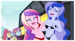 Size: 1512x840 | Tagged: suggestive, derpibooru import, edit, edited screencap, screencap, princess cadance, princess luna, sour sweet, sunny flare, equestria girls, friendship games, belly button, bra, breast edit, breasts, busty princess cadance, busty princess luna, clothes, cutie mark underwear, dean cadance, female, laughing, laughingmares.jpg, panties, thong, underwear, underwear edit, vice principal luna