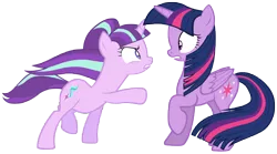 Size: 12600x7000 | Tagged: safe, artist:tardifice, derpibooru import, starlight glimmer, twilight sparkle, twilight sparkle (alicorn), alicorn, pony, the cutie re-mark, absurd resolution, eye contact, female, frown, gritted teeth, height difference, mare, open mouth, pointing, raised hoof, raised leg, simple background, transparent background, vector, wide eyes, windswept mane