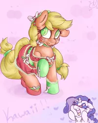 Size: 1280x1600 | Tagged: safe, artist:aquaticsun, derpibooru import, applejack, rarity, blushing, clothes, dress, embarrassed, female, floppy ears, glasses, lesbian, raised hoof, rarijack, shipping