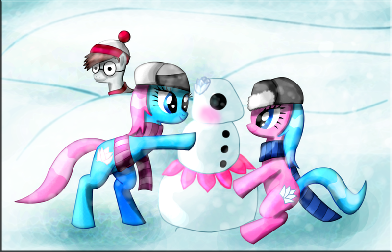 Size: 1657x1068 | Tagged: aloe, artist:stalinthestallion, clothes, derpibooru import, hat, lotus, lotus blossom, ponified, safe, scarf, snow, snowman, spa twins, ushanka, waldo, winter