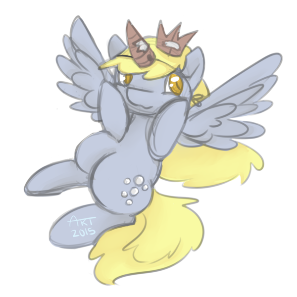 Size: 1024x1024 | Tagged: safe, artist:ymiart, derpibooru import, derpy hooves, pegasus, pony, cardboard, crown, fake horn, female, flying, mare, signature, simple background, solo, transparent background