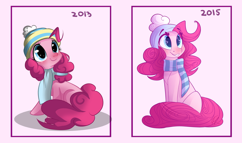 Size: 1024x605 | Tagged: artist:lolepopenon, clothes, comparison, cute, derpibooru import, draw this again, hat, pinkie pie, safe, scarf, solo