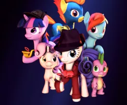 Size: 1302x1080 | Tagged: safe, artist:thespahthatspies, derpibooru import, rainbow dash, rarity, spike, spitfire, sweetie belle, twilight sparkle, twilight sparkle (alicorn), alicorn, pony, 3d, detective rarity, female, group shot, mare, sherlock holmes, source filmmaker, wonderbolts uniform