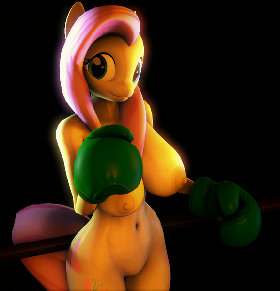 Size: 693x719 | Tagged: 3d, anthro, artist:isisazza, boxing, boxing gloves, breasts, busty fluttershy, clothes, derpibooru import, female, fluttershy, foxy boxing, looking at you, nipples, nudity, pegasus, questionable, smiling, solo, solo female, source filmmaker, wingless, wingless anthro