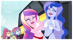 Size: 1512x840 | Tagged: suggestive, derpibooru import, edit, edited edit, edited screencap, screencap, princess cadance, princess luna, sour sweet, sunny flare, equestria girls, friendship games, belly button, bra strap, breast edit, breasts, busty princess cadance, busty princess luna, clothes, cutie mark underwear, dean cadance, female, laughing, panties, short shirt, thong, underwear, underwear edit, vice principal luna