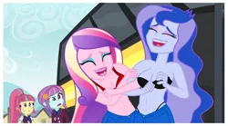 Size: 1512x840 | Tagged: suggestive, derpibooru import, edit, edited edit, edited screencap, screencap, princess cadance, princess luna, sour sweet, sunny flare, equestria girls, friendship games, belly button, bra, breast edit, breasts, busty princess cadance, busty princess luna, cleavage, clothes, dean cadance, female, jeans, laughing, panties, pants, thong, underwear, underwear edit, vice principal luna