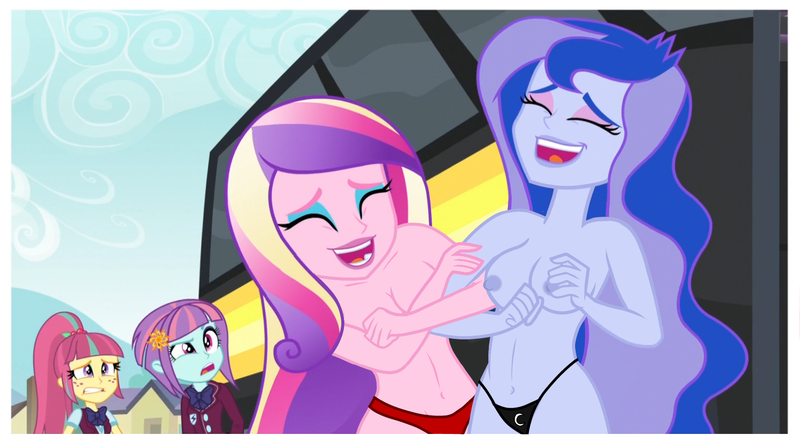 Size: 1512x840 | Tagged: questionable, derpibooru import, edit, edited edit, edited screencap, editor:slayerbvc, screencap, princess cadance, princess luna, sour sweet, sunny flare, equestria girls, friendship games, breast edit, breasts, busty princess luna, clothed female nude female, clothes, dean cadance, female, nipples, nude edit, nudity, panties, partial nudity, partial nudity edit, thong, topless, underwear, underwear edit, vice principal luna