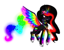 Size: 1750x1350 | Tagged: safe, artist:staticwave12, derpibooru import, oc, oc:neon boom, oc:princess neon boom, unofficial characters only, alicorn, pony, alicorn oc, colored horn, colored wings, commission, ethereal mane, multicolored wings, rainbow tail, rainbow wings, simple background, solo, transparent background