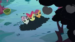 Size: 1366x768 | Tagged: safe, derpibooru import, screencap, apple bloom, scootaloo, sweetie belle, family appreciation day, apple, apple tree, cutie mark crusaders, food, tree, unripe zap apple, zap apple, zap apple tree