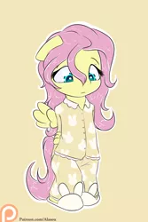 Size: 1050x1575 | Tagged: anthro, artist:alasou, bunny slippers, chibi, clothes, cute, derpibooru import, floppy ears, fluttershy, frown, looking down, pajamas, patreon, patreon logo, plantigrade anthro, safe, shyabetes, simple background, slippers, solo
