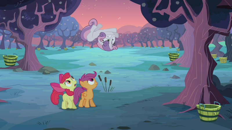 Size: 1366x768 | Tagged: safe, derpibooru import, screencap, apple bloom, scootaloo, sweetie belle, family appreciation day, apple tree, basket, bushel basket, cutie mark crusaders, orchard, tree, unripe zap apple, zap apple tree