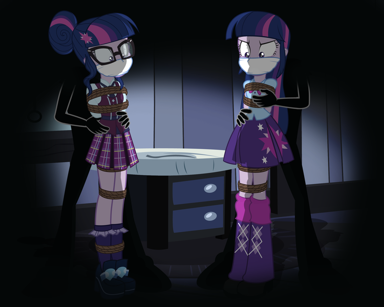 Size: 2500x2000 | Tagged: dead source, questionable, semi-grimdark, artist:radiantrealm, derpibooru import, sci-twi, twilight sparkle, equestria girls, friendship games, bad touch, bondage, box tied, breast fondling, breast grab, breasts, cloth gag, clothes, commission, crystal prep academy uniform, gag, glasses, grope, kidnapped, molestation, ropes, school uniform, show accurate, show accurate porn, skirt, tied up, twolight
