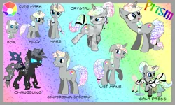 Size: 1024x614 | Tagged: safe, artist:kazziepones, artist:kimikonyanchan, derpibooru import, oc, oc:prism, unofficial characters only, changeling, crystal pony, pony, baby, baby pony, changelingified, clothes, crystallized, dress, female, filly, gala dress, reference sheet, rule 63, solo, species swap, wet mane