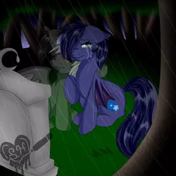 Size: 894x894 | Tagged: safe, artist:datoogaler, derpibooru import, oc, oc:halfmoon, oc:midnight glory, unofficial characters only, bat pony, ghost, pony, crying, cutie mark, feels, forest, grave, gravestone, green eyes, hug, implied death, mourning, oblivious, rain, sad