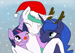 Size: 2560x1810 | Tagged: safe, artist:airbusthebest, artist:silfoe, derpibooru import, princess celestia, princess luna, twilight sparkle, twilight sparkle (alicorn), alicorn, pony, :t, antlers, blushing, christmas, clown nose, cute, cutelestia, eyes closed, female, fluffy, grin, happy, hat, hug, lunabetes, mare, missing accessory, nuzzling, red nose, rudolph nose, santa hat, silfoe is trying to murder us, smiling, snow, snowflake, twiabetes, wink