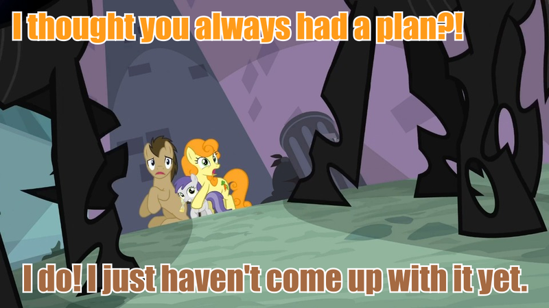 Size: 960x540 | Tagged: safe, derpibooru import, screencap, carrot top, doctor whooves, golden harvest, time turner, tornado bolt, changeling, pony, a canterlot wedding, image macro, male, meme, orange text, stallion