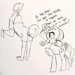 Size: 1280x1276 | Tagged: artist:glacierclear, ass, buttcrack, denied, derpibooru import, dialogue, frown, hug denied, human, levitation, magic, monochrome, oc, oc:anon, raised hoof, rarity, suggestive, telekinesis, wedgie