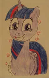 Size: 897x1430 | Tagged: safe, artist:blazingdazzlingdusk, derpibooru import, twilight sparkle, twilight sparkle (alicorn), alicorn, pony, drawing, female, grin, looking at you, mare, solo, traditional art