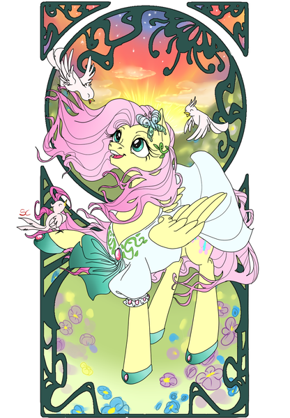 Size: 1041x1502 | Tagged: artist:sourcherry, bird, butterfly, clothes, derpibooru import, dress, fluttershy, modern art, nouveau, safe, singing, solo, windswept mane