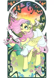 Size: 1041x1502 | Tagged: artist:sourcherry, bird, butterfly, clothes, derpibooru import, dress, fluttershy, modern art, nouveau, safe, singing, solo, windswept mane